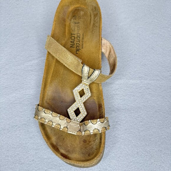 NAOT Aspen Leather Sandals Wedge Cork Gold Metallic Rhinestones EU 38 US 7 - 7.5 - Picture 3 of 16